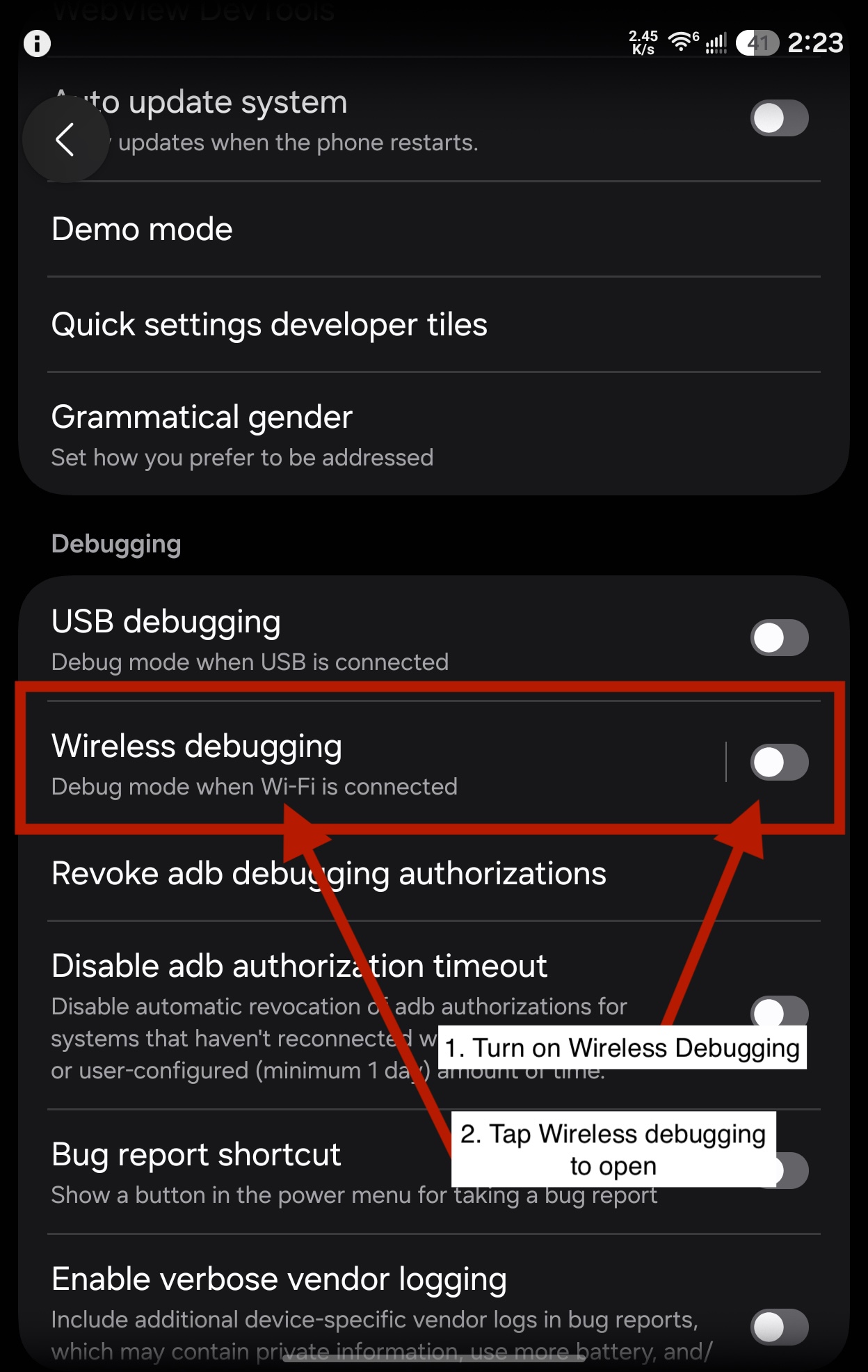 Developer Options Debugging section with the Wireless debugging toggle highlighted
