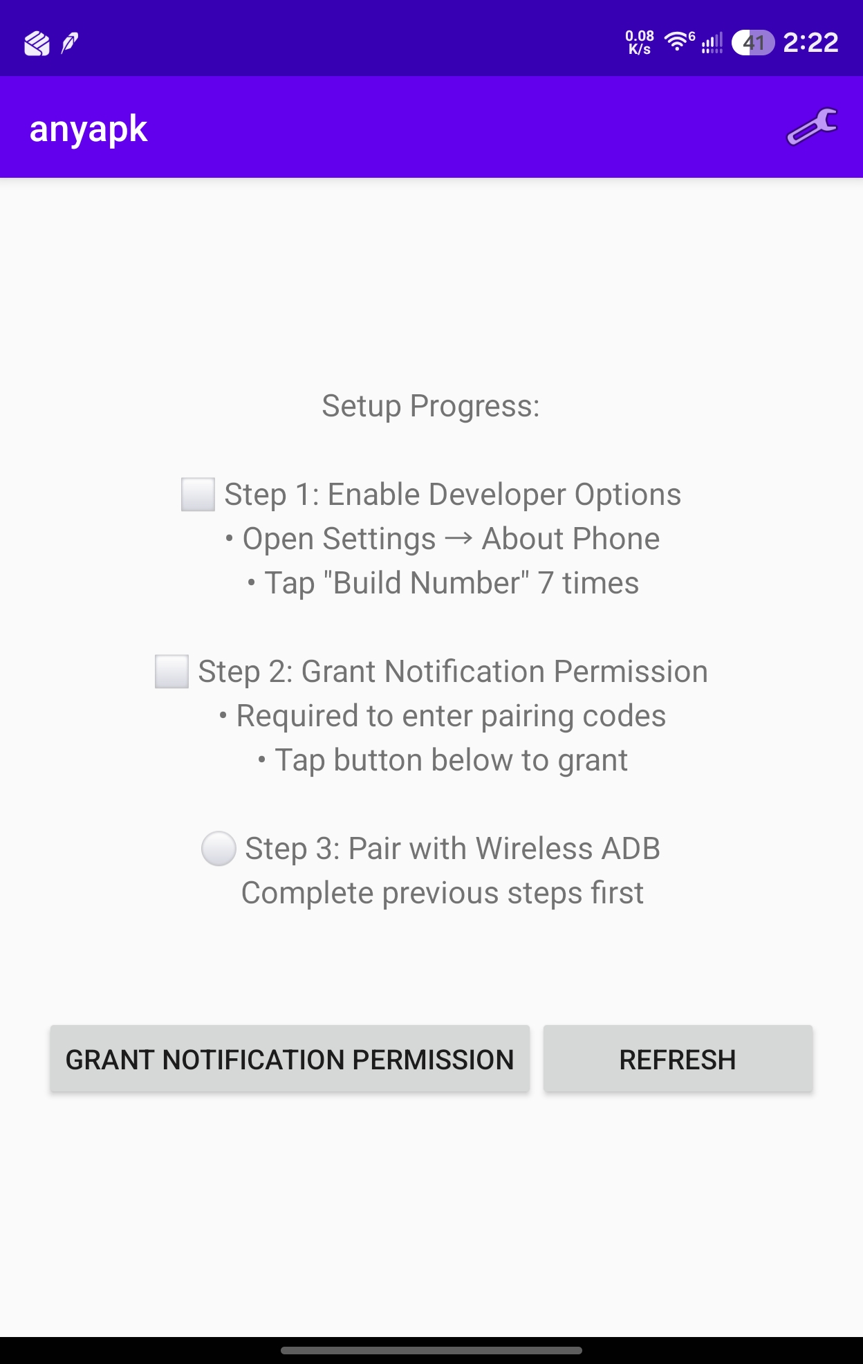 anyapk setup checklist showing three steps: enable Developer Options, grant notification permission, and pair with wireless ADB