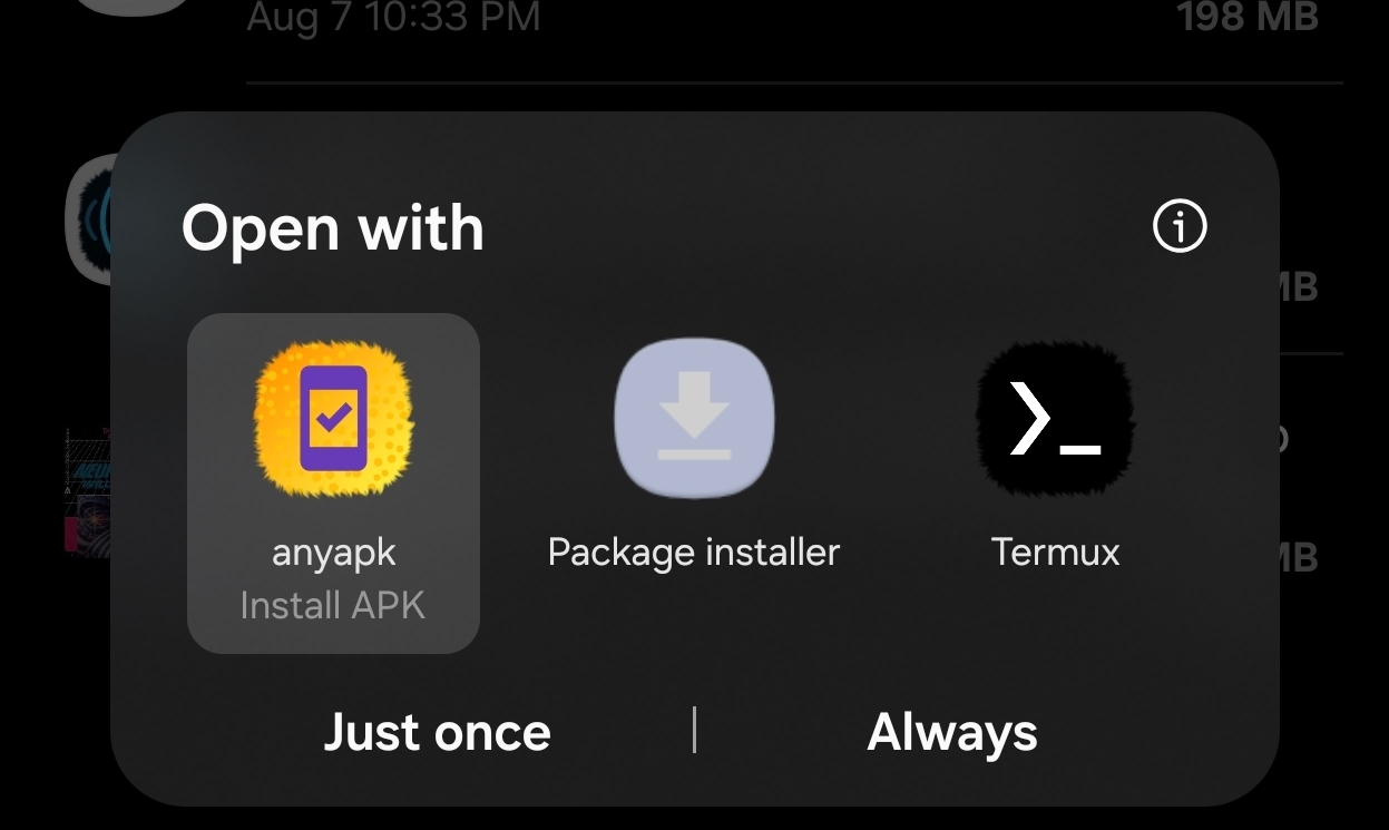 Android's Open with chooser showing anyapk (Install APK) selected alongside Package installer and Termux