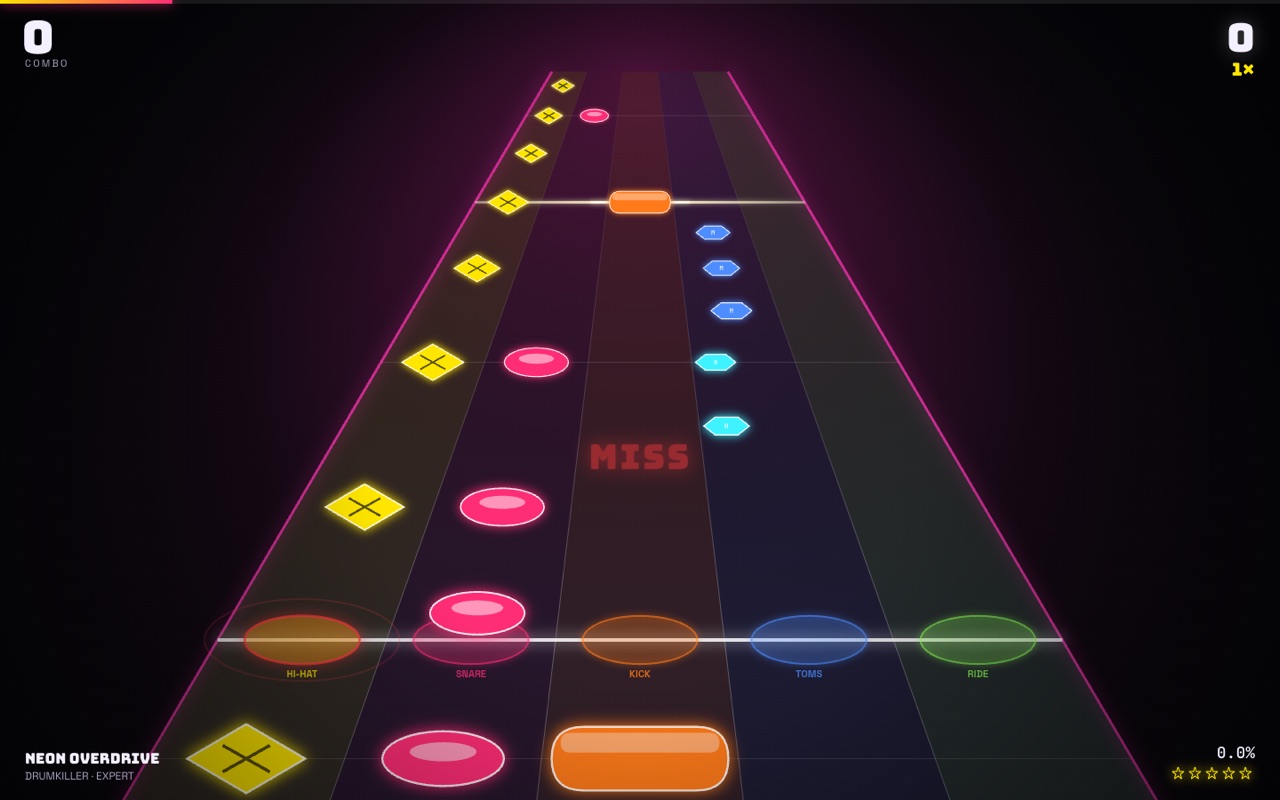DRUMKILLER gameplay: a neon note highway with hi-hat, snare, kick, toms and ride lanes, a tom fill incoming and a full-width crash bar
