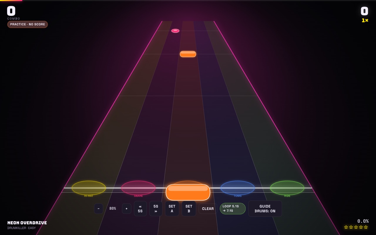 Practice mode with speed and loop controls